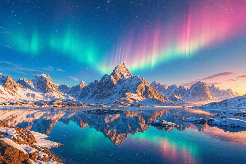 Stunning Northern Lights glowing across a clear, starry sky over snowy peaks