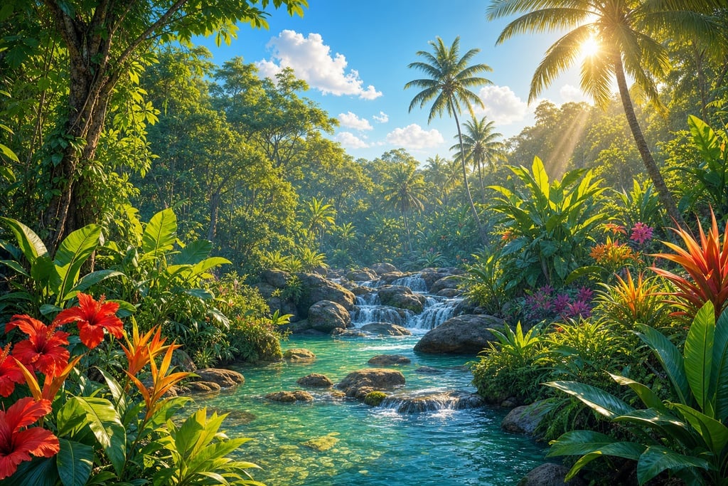 Deep tropical jungle with sunlight streaming through the canopy onto vibrant undergrowth