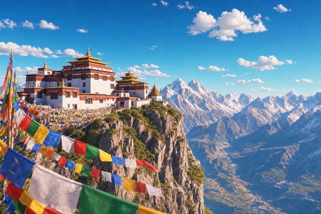 Ancient Himalayan monastery perched atop a cliff with prayer flags fluttering in the wind