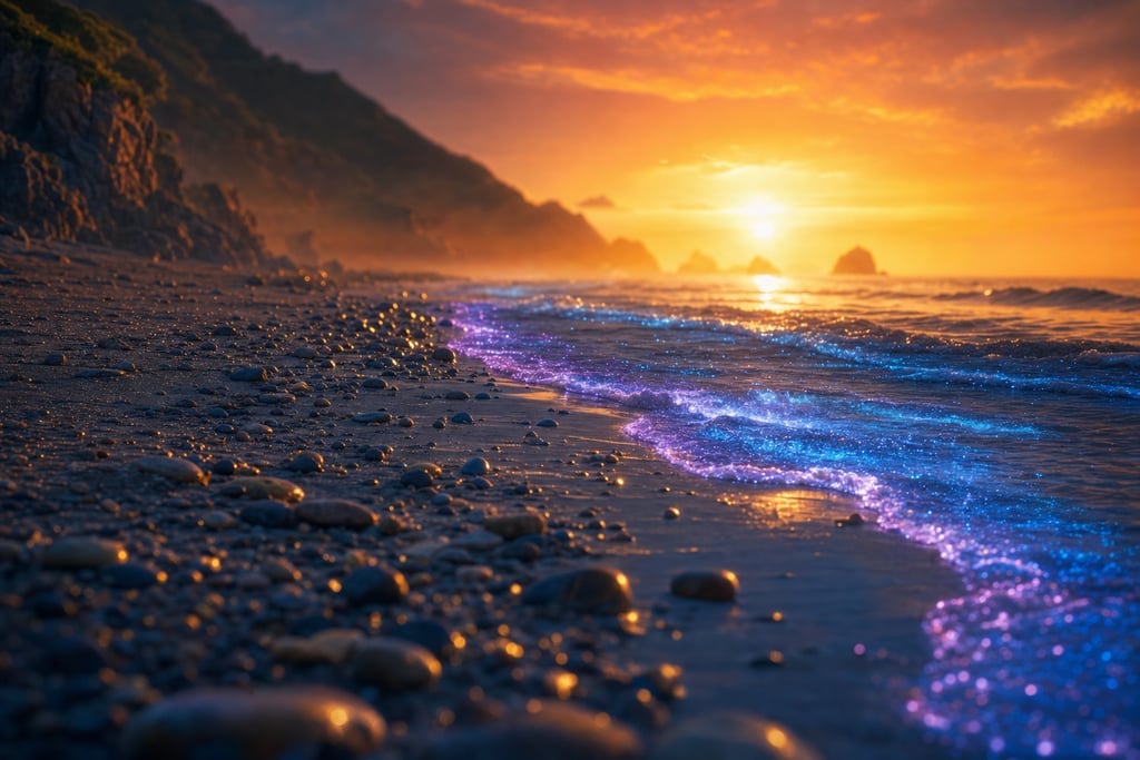 Mystical beach during sunset with bioluminescent waves glowing in soft blues and purples