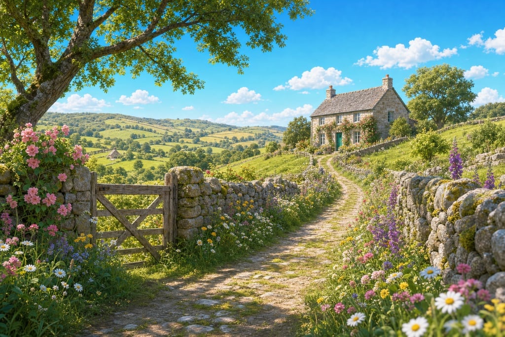 Charming countryside lane bordered by stone walls and wildflowers