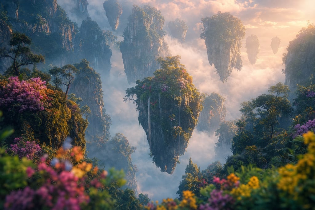 Misty valley with floating islands covered in lush greenery and waterfalls