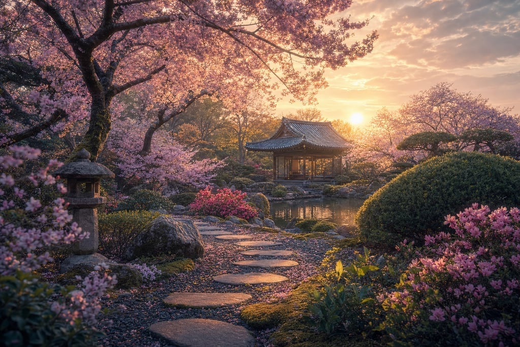 Peaceful Japanese zen garden with cherry blossoms and a soft, pastel sunrise