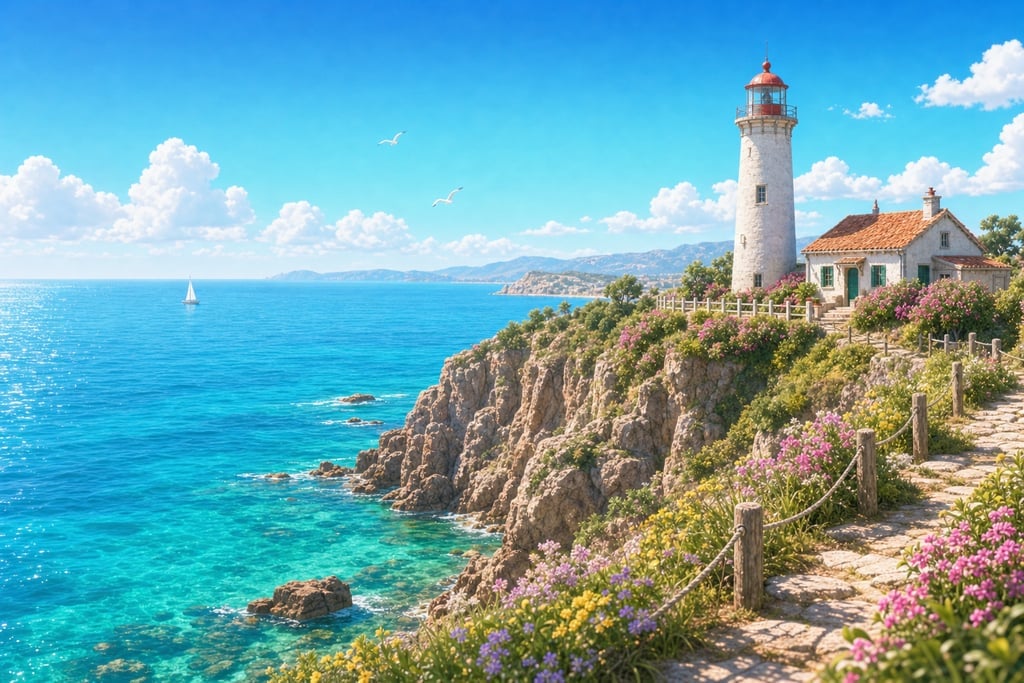 Picturesque coastal scene featuring dramatic cliffs and a lighthouse overlooking the turqu