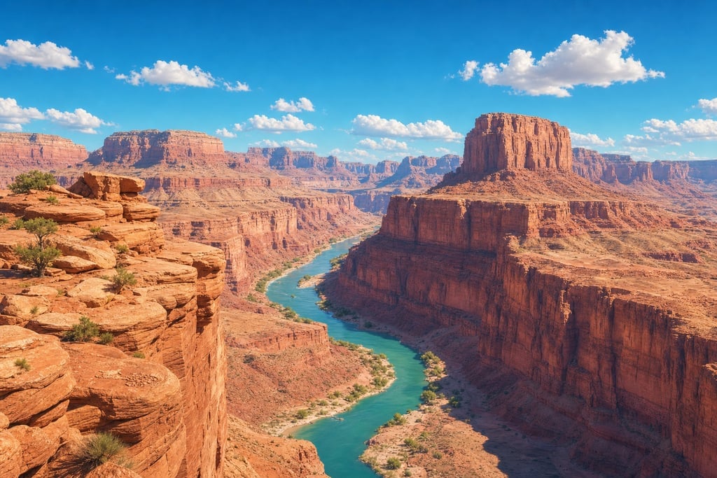 Majestic canyon with stark red rock formations under a sharp, azure sky