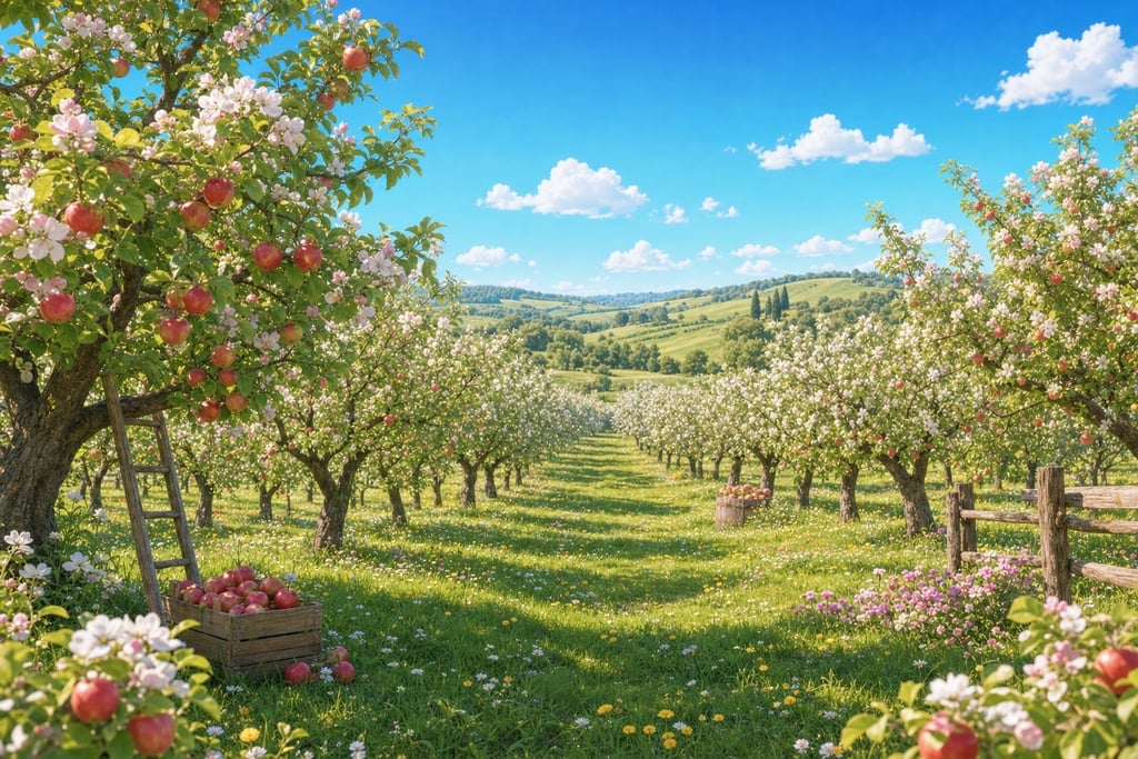 Lush orchard in full bloom with rows of blossoming apple trees under clear spring skies