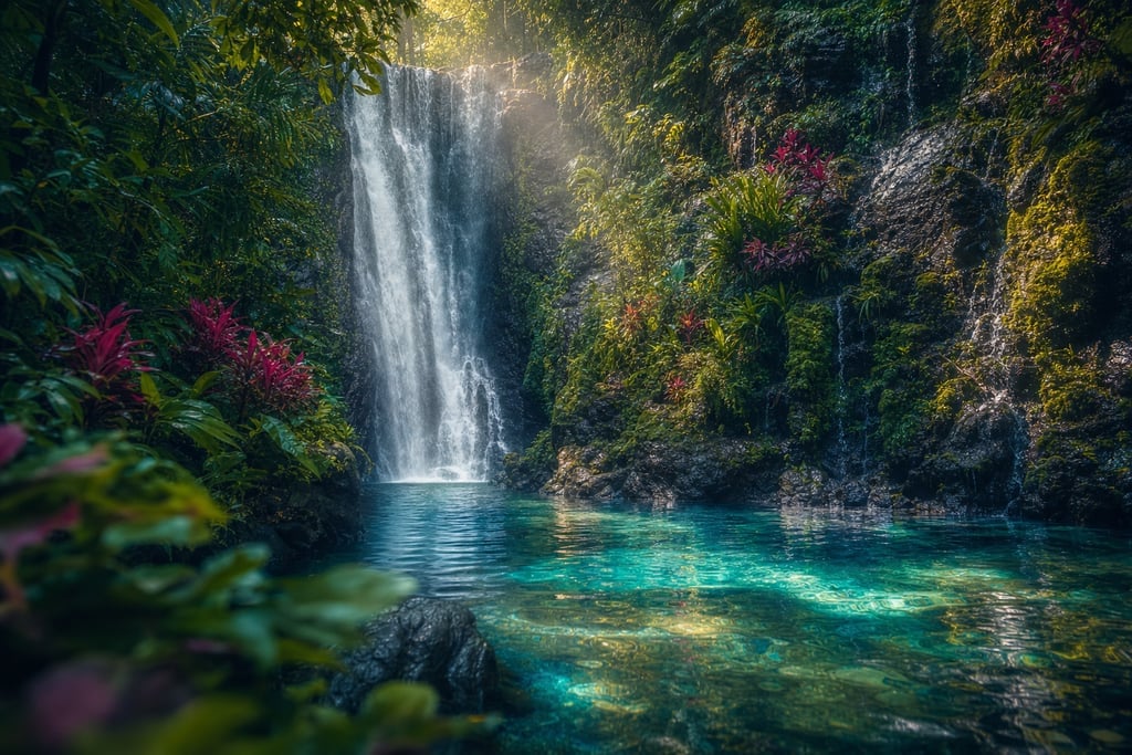 Lush, tropical waterfall cascading into a crystal-clear pool surrounded by vivid foliage