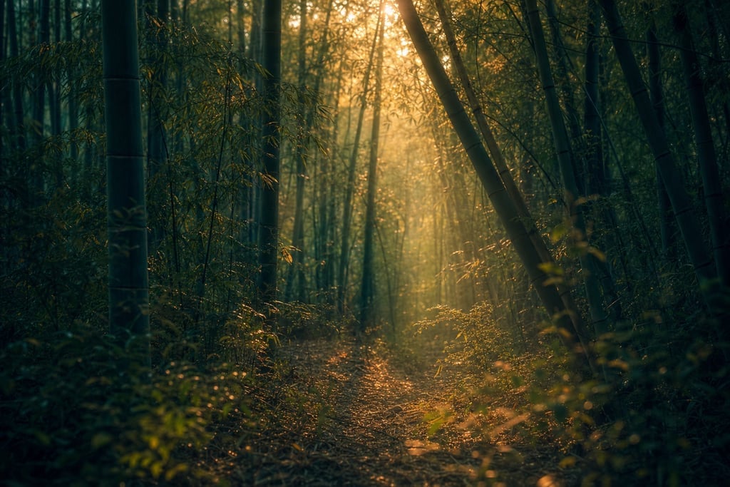 Dense bamboo forest illuminated by ethereal dusk light filtering through the stalks