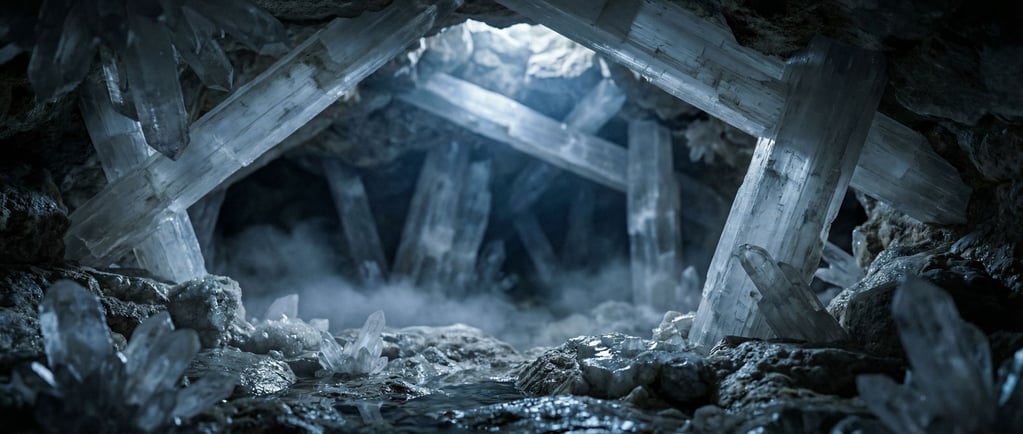 Crystal cave interior, massive selenite beams crossing at angles