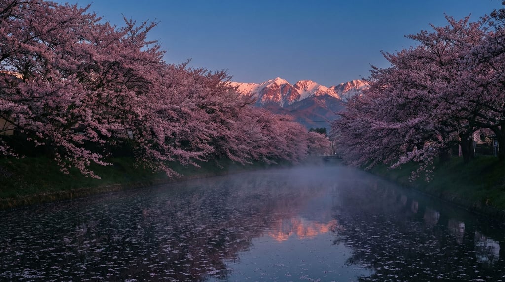 Cherry blossom canopy over a still canal, pink petals floating on dark water, spring in full force