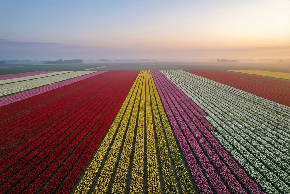 Tulip fields from directly above, bold stripes of red, yellow, pink