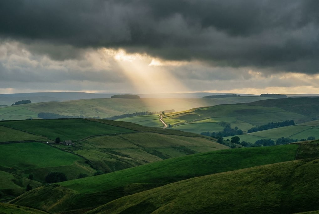 Rolling green hills under a dramatic stormy sky