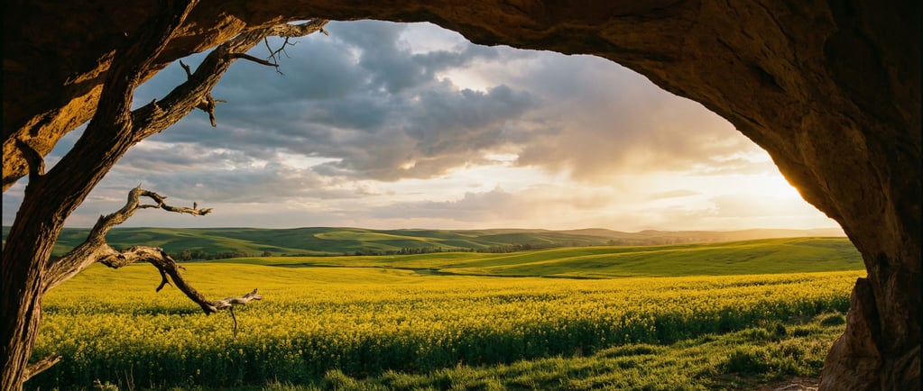 Canola fields in full bloom, vivid yellow stretching to green rolling hills under dramatic clouds