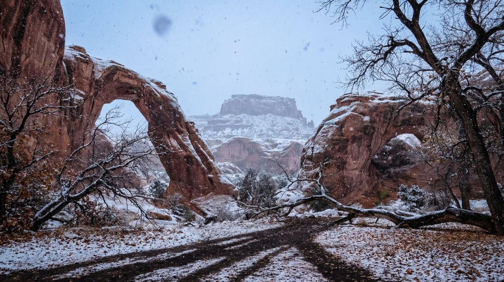 Wind-carved sandstone arches framing a distant mesa, warm red rock against blue sky