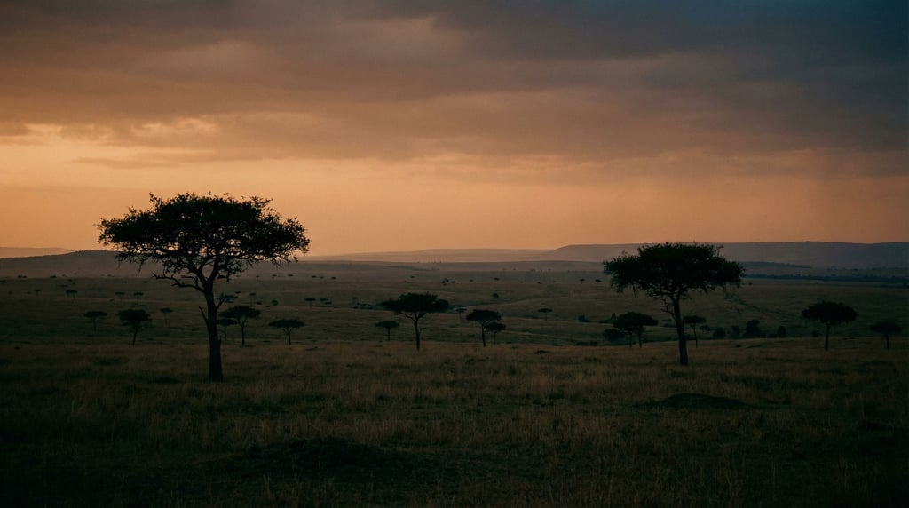 Vast savanna at golden hour, scattered acacia trees silhouetted against a wide orange sky