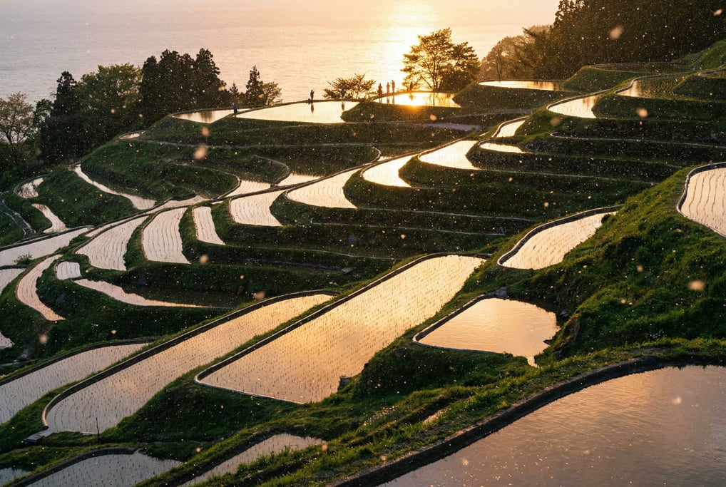 Terraced rice paddies reflecting sunset