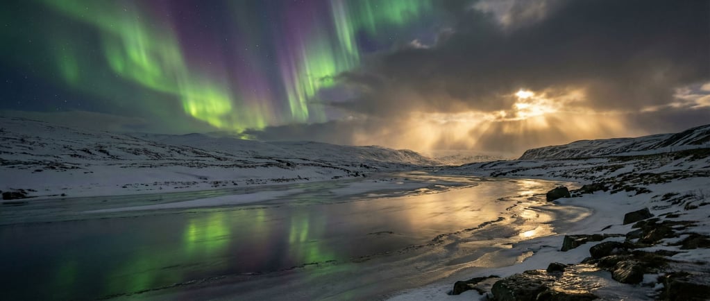 Northern lights over a snow-covered valley