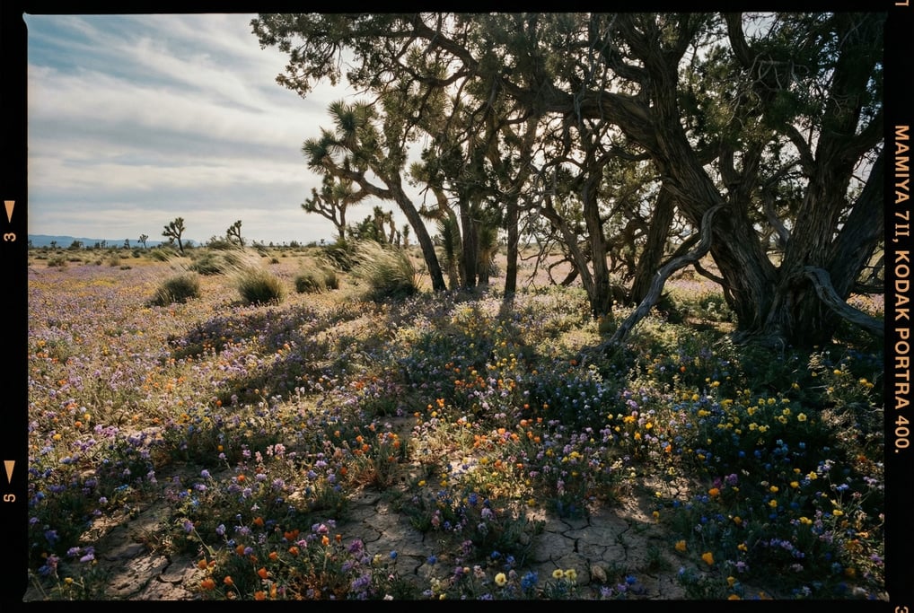 Desert wildflower superbloom, millions of tiny flowers carpeting cracked earth in vivid color to the