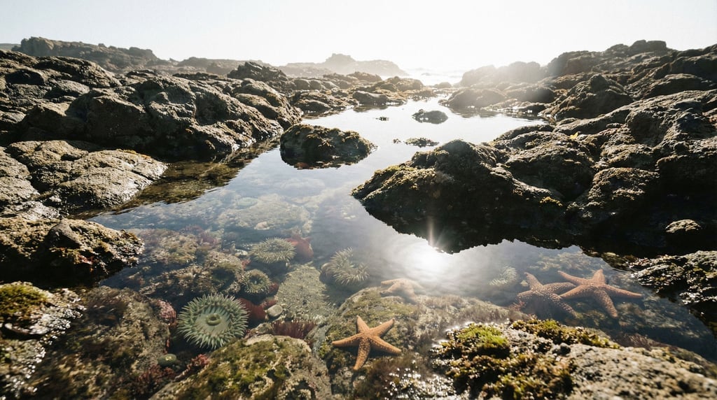 Rocky tide pool at low angle, sea anemones and starfish in shallow crystal-clear water