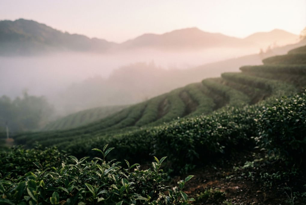 Tea plantation on misty mountain slopes, neat rows of green bushes curving along contours into fog