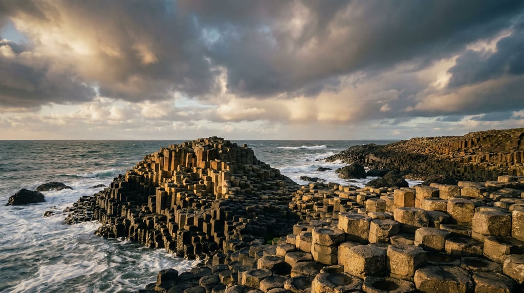 Giant hexagonal basalt columns at the edge of the sea, geometric natural forms worn smooth by waves