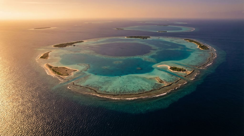 A coral atoll from above, concentric rings of turquoise, aquamarine, and deep indigo water