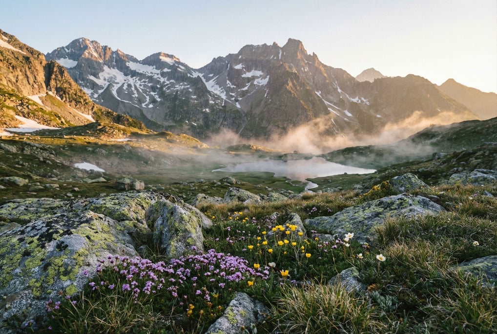 A high alpine meadow above treeline, tiny wildflowers among rocks