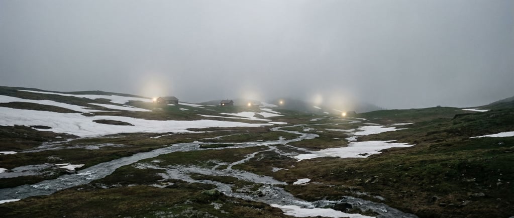 Spring snowmelt streams cutting channels through remaining snow patches on an alpine meadow