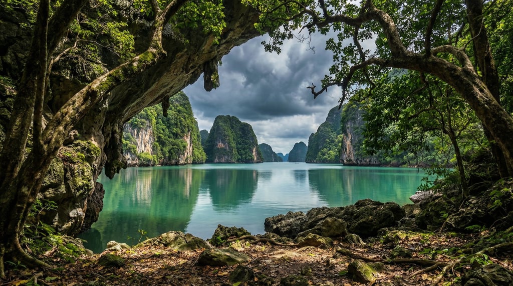 Limestone karst towers rising from calm emerald sea, vertical green cliffs reflected in still water