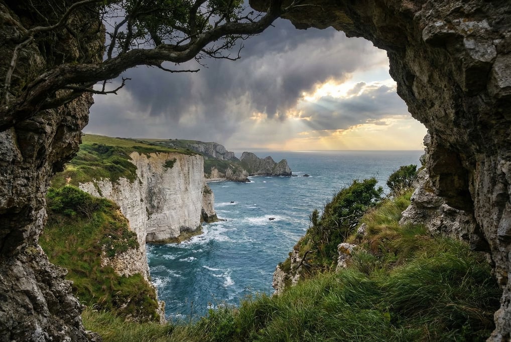 White chalk cliffs dropping vertically into deep blue sea