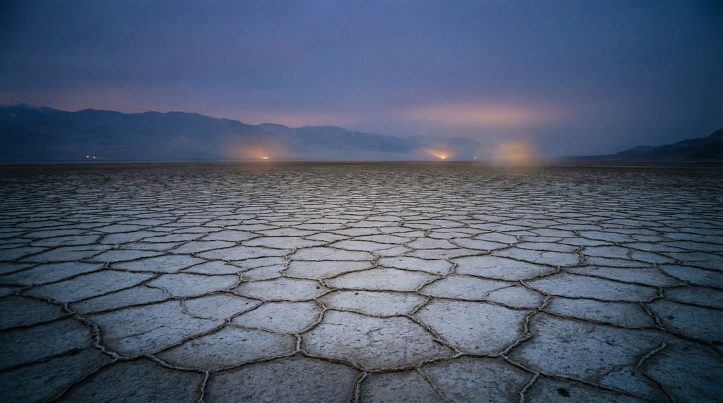 Dried lakebed with cracking mud patterns stretching to distant mountains, bleached white and minimal