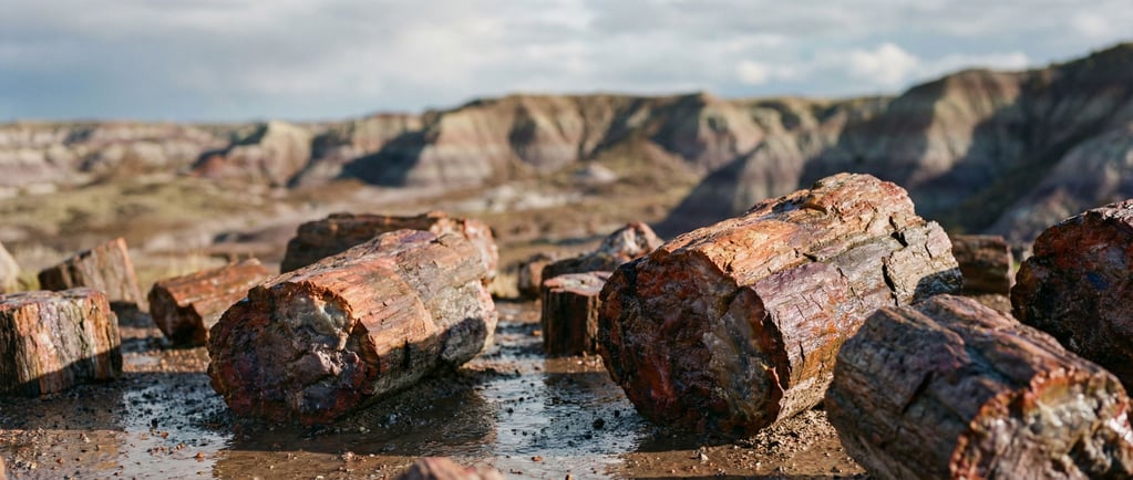 Petrified forest, fallen stone trunks scattered across painted desert (ln0txoho)
