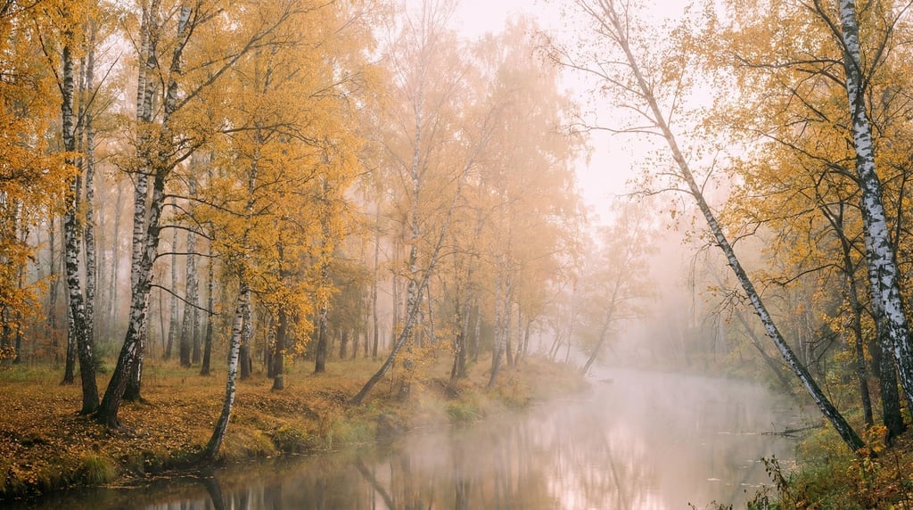 A birch forest in peak autumn, golden leaves against white bark