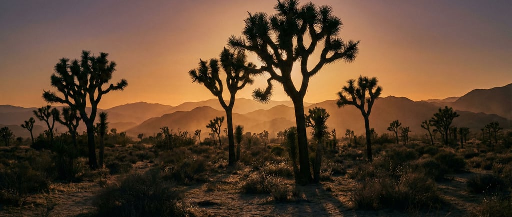 Joshua trees silhouetted against a gradient desert sunset sky