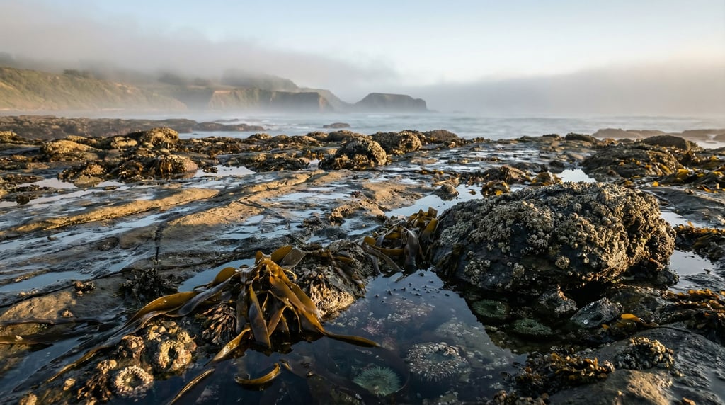 Wave-cut platform at very low tide, tide pools and kelp exposed, rocky shoreline geometry