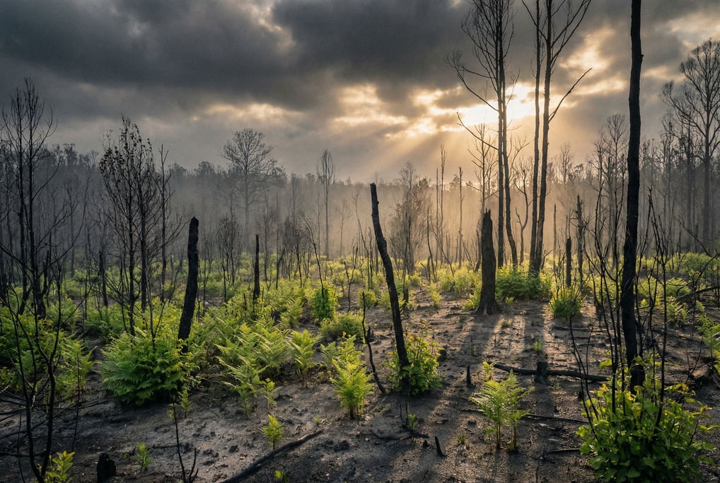 A burned forest regenerating, blackened trunks with bright green new growth pushing through ash-cove (vdderf0i)