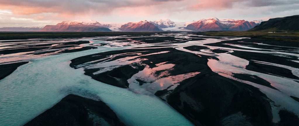 Aerial view of a braided river system in Iceland