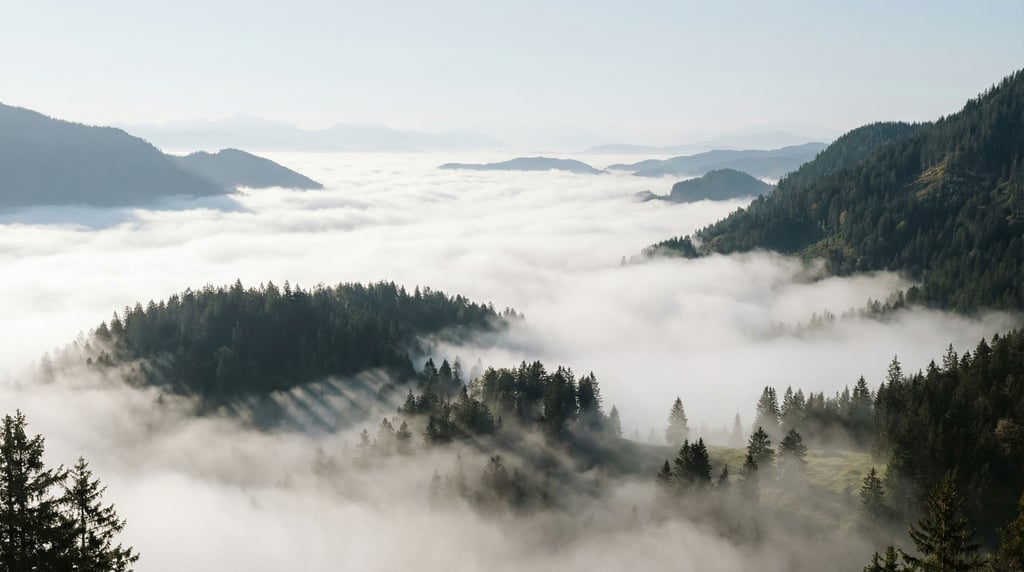 Fog filling a mountain valley at sunrise, treetops poking through like dark islands in a white sea