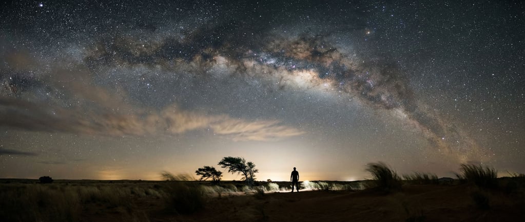 Milky Way arching over a flat desert landscape, stars sharp and countless, no light pollution (qeeiljvp)