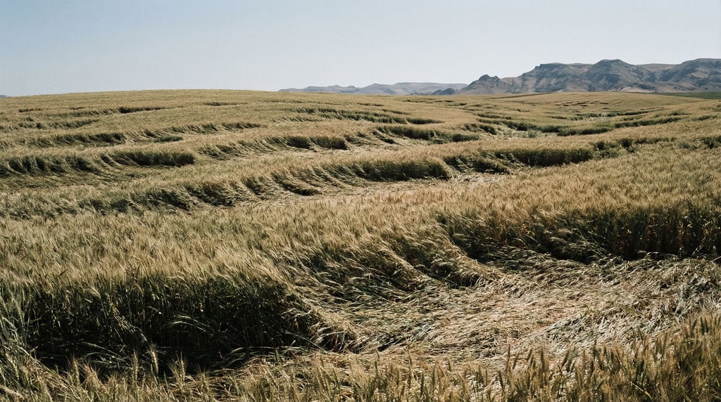 Wheat field with wind creating visible wave patterns across golden stalks, endless and hypnotic