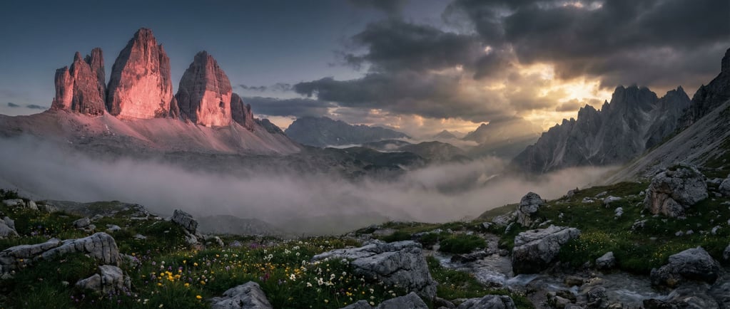Dolomite towers glowing pink in alpenglow, vertical limestone pillars against a deep twilight sky