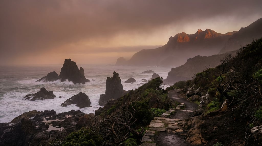 Sea stacks along a foggy coastline, dark basalt pillars rising from churning white surf (yjzlxxfl)