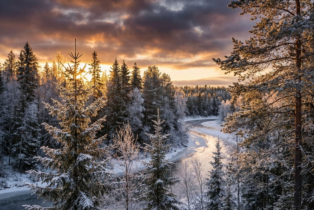 Frost-covered boreal forest at sunrise, every needle and branch outlined in delicate white crystal