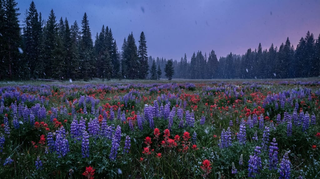 Wildflower meadow at the edge of a pine forest, lupines and paintbrush in vivid purple and red