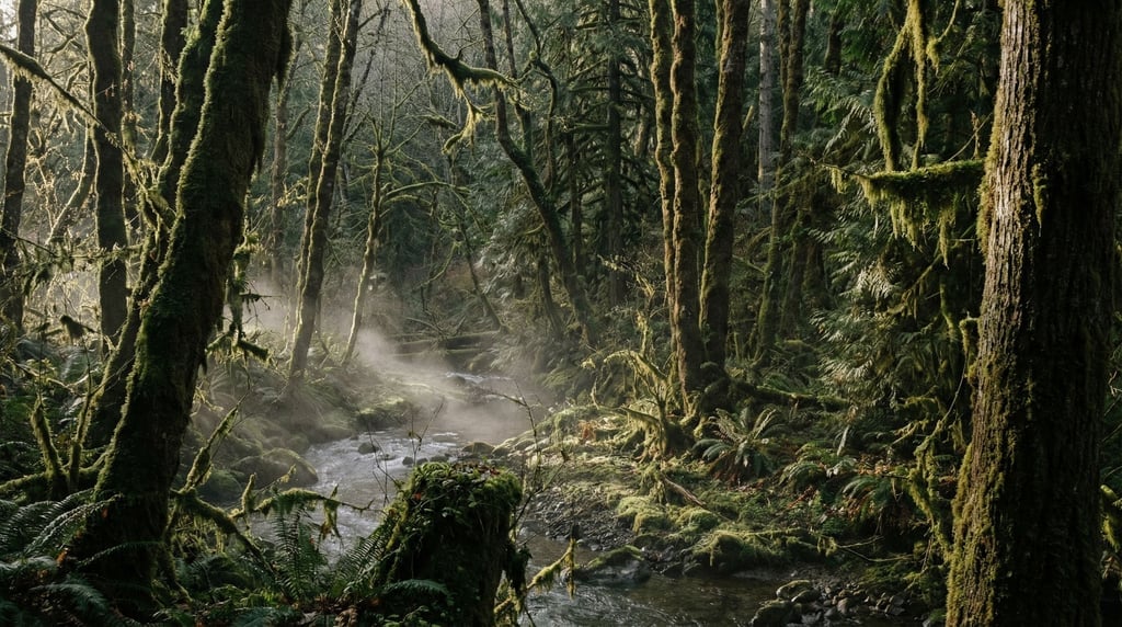 Moss-covered temperate rainforest, every surface draped in emerald green