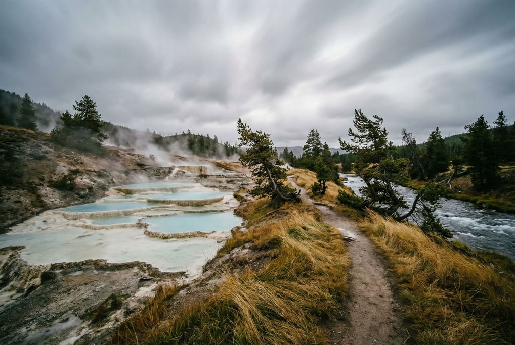 Hot spring terraces, calcium carbonate pools cascading down a hillside in white and pale blue