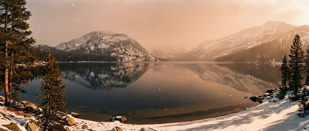 Mirror-perfect mountain lake reflecting snow-capped peaks