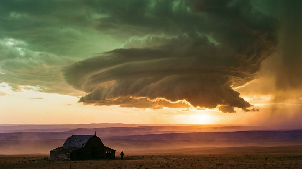 Supercell thunderstorm over open plains, structured rotating clouds with a green-tinged sky