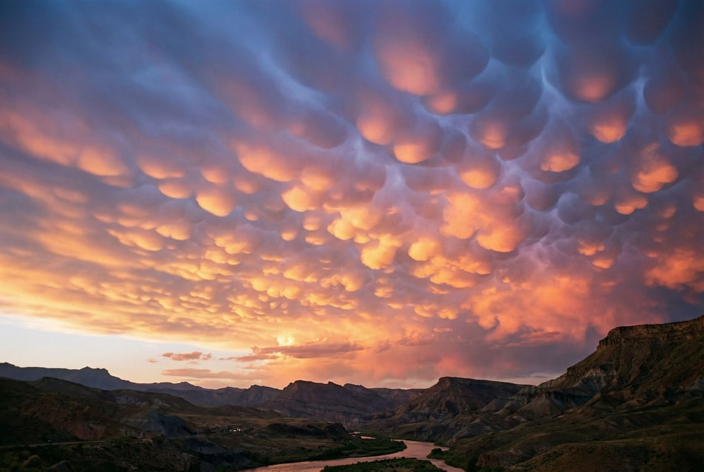 Mammatus clouds at sunset, hundreds of bulbous cloud formations lit from below in gold and pink