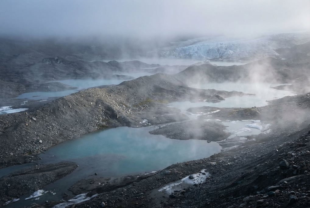 Glacial moraine landscape, gray gravel ridges and turquoise kettle ponds left behind by retreating i